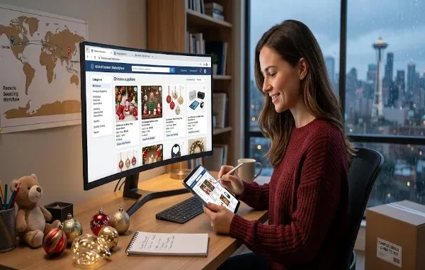 A smiling woman sitting at a desk in her home office using a desktop monitor and tablet to browse Chinese factory suppliers on an online wholesale marketplace.