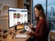 A smiling woman sitting at a desk in her home office using a desktop monitor and tablet to browse Chinese factory suppliers on an online wholesale marketplace.