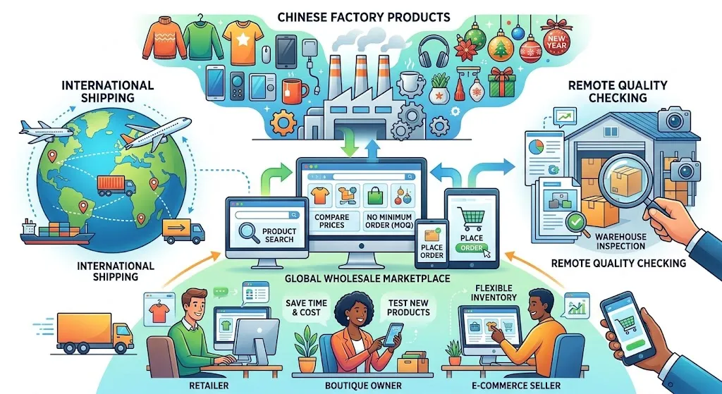 An infographic illustrating how to source wholesale products from Chinese factories online without traveling. It depicts small business owners using a central marketplace to browse items, check quality remotely at a warehouse, and handle international shipping.