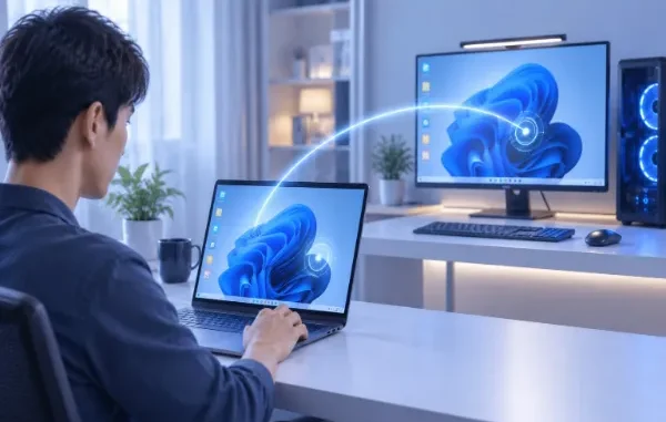 A person working on a laptop with a glowing digital arc connecting it to a larger desktop monitor, illustrating remote desktop access.