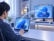 A person working on a laptop with a glowing digital arc connecting it to a larger desktop monitor, illustrating remote desktop access.