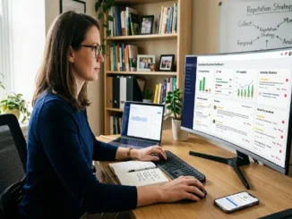A side-view photograph of a woman wearing glasses and a blue top, sitting at a wooden desk in a home office and working on a computer. Her large monitor displays a "Centralised Reputation Dashboard," showing data from Google, Yelp, and Trustpilot. A notebook, keyboard, mouse, and phone are on the desk, with a bookcase and whiteboard in the background.