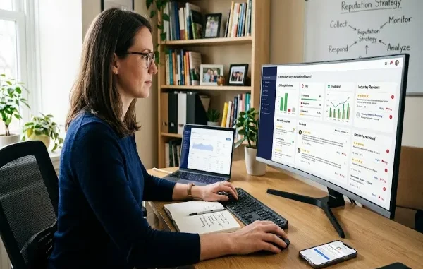 A side-view photograph of a woman wearing glasses and a blue top, sitting at a wooden desk in a home office and working on a computer. Her large monitor displays a "Centralised Reputation Dashboard," showing data from Google, Yelp, and Trustpilot. A notebook, keyboard, mouse, and phone are on the desk, with a bookcase and whiteboard in the background.