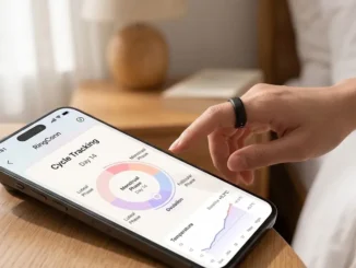 A woman wearing a black RingConn smart ring on her index finger, using her smartphone to view her menstrual cycle tracking phase, predictions, and skin temperature trends in the RingConn app.