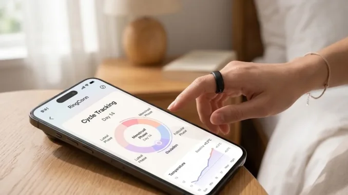 A woman wearing a black RingConn smart ring on her index finger, using her smartphone to view her menstrual cycle tracking phase, predictions, and skin temperature trends in the RingConn app.