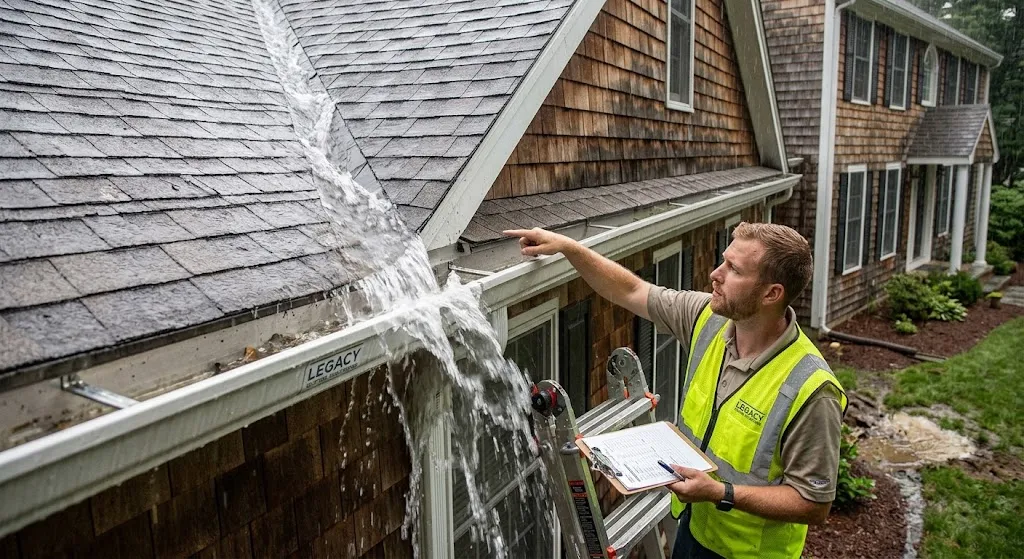 A gutter contractor wearing a high-visibility vest inspects heavy rainwater overflowing from a residential roof valley into a clean gutter during a storm, holding a clipboard to assess drainage design issues.
