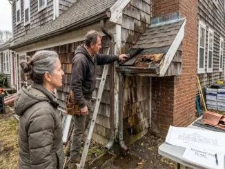 A detailed view of a renovation site where severe rot is visible on the roof structure of an older shingle-style house. A folded floor plan labeled "RENOVATION PLAN" and a pen rest on a table in the foreground, with ladders and material stacks nearby under an overcast sky.