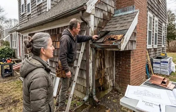 A detailed view of a renovation site where severe rot is visible on the roof structure of an older shingle-style house. A folded floor plan labeled "RENOVATION PLAN" and a pen rest on a table in the foreground, with ladders and material stacks nearby under an overcast sky.
