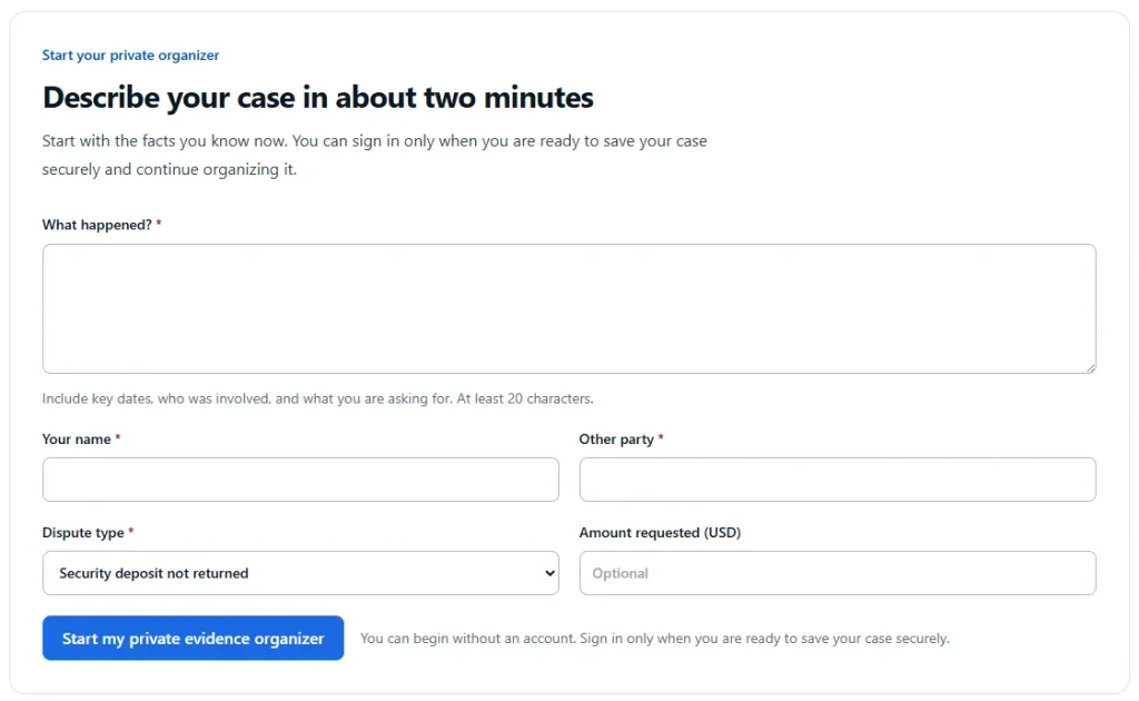 Screenshot of a case intake form for a demand letter generator, featuring fields to describe what happened, enter names, select "Security deposit not returned" as the dispute type, and specify the requested amount.