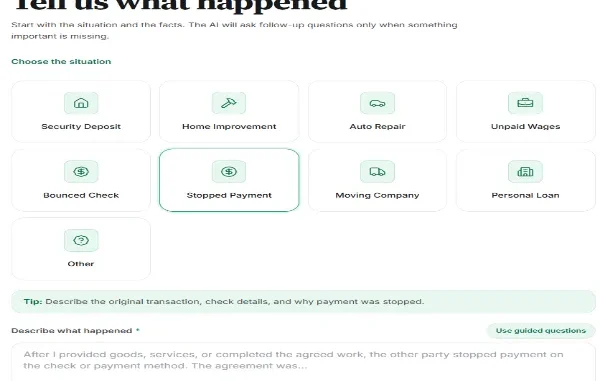 A screenshot of an online demand letter generator tool prompting the user to choose a situation, with options including Security Deposit, Home Improvement, and Unpaid Wages.