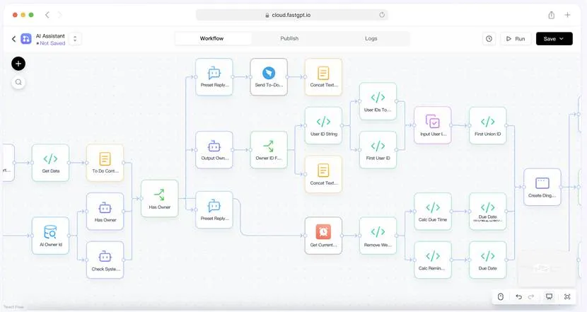 User interface diagram mapping out complex data processing and conditional steps for custom AI agents.