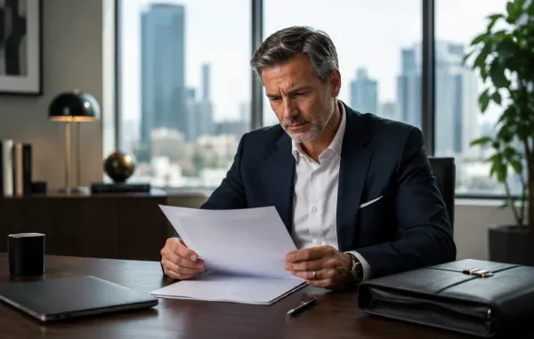 A mature senior executive in a suit carefully reviewing an exit agreement document at a desk in a high-rise office.
