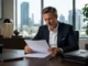 A mature senior executive in a suit carefully reviewing an exit agreement document at a desk in a high-rise office.