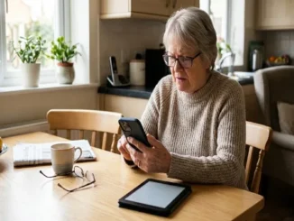 Elderly woman with furrowed brow looking confused at a smartphone screen, with a tablet nearby, highlighting usability struggles.