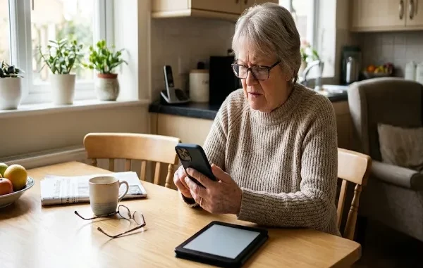 Elderly woman with furrowed brow looking confused at a smartphone screen, with a tablet nearby, highlighting usability struggles.