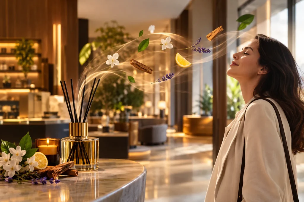 A glass reed diffuser emitting conceptual golden aroma trails with fresh flowers, cinnamon, and lemon slices toward a visitor.