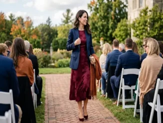 A woman in a burgundy dress and navy blazer walking at an outdoor September wedding.