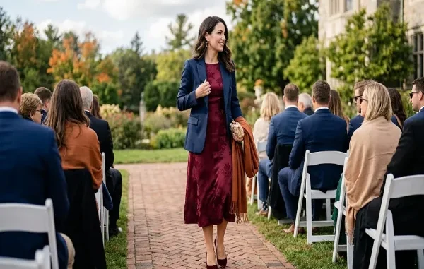 A woman in a burgundy dress and navy blazer walking at an outdoor September wedding.