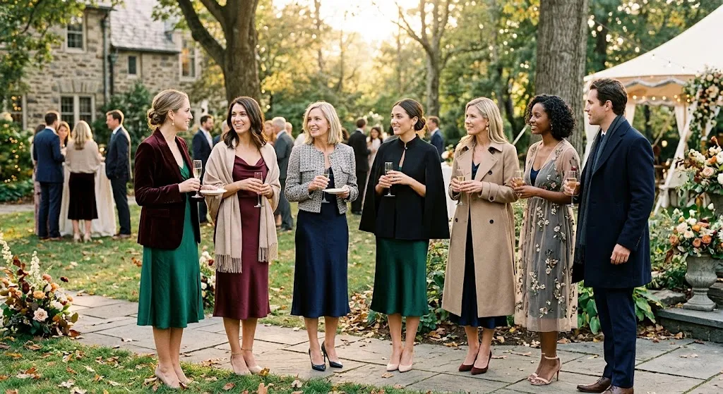 A group of elegantly dressed wedding guests standing outdoors in an early autumn garden during golden hour, each showcasing stylish September formalwear layers including a velvet blazer, pashmina wrap, tweed jacket, black capelet, trench coat, and embroidered sheer overlay.