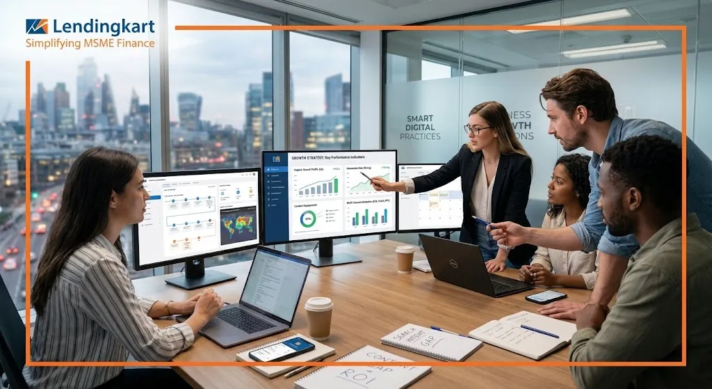 A corporate marketing team gathered around computers in a bright office reviewing digital marketing strategy charts and performance metrics on large monitors.
