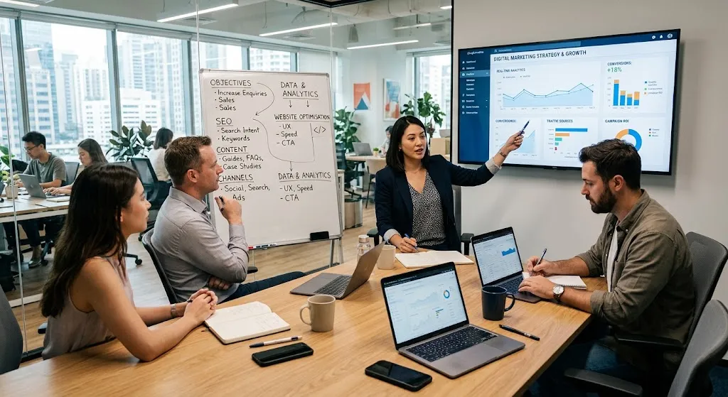 A diverse team of marketing professionals in a modern office collaborating around a conference table with laptops, reviewing a digital marketing strategy dashboard on a large wall monitor and whiteboard notes covering SEO, content, and website optimization.