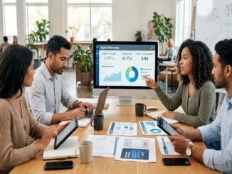 A diverse team of professionals sitting around a wooden conference table, discussing digital marketing analytics and growth metrics displayed on a desktop computer monitor.