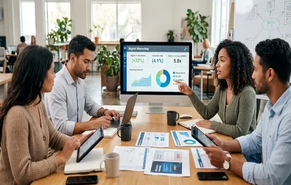 A diverse team of professionals sitting around a wooden conference table, discussing digital marketing analytics and growth metrics displayed on a desktop computer monitor.