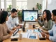 A diverse team of professionals sitting around a wooden conference table, discussing digital marketing analytics and growth metrics displayed on a desktop computer monitor.