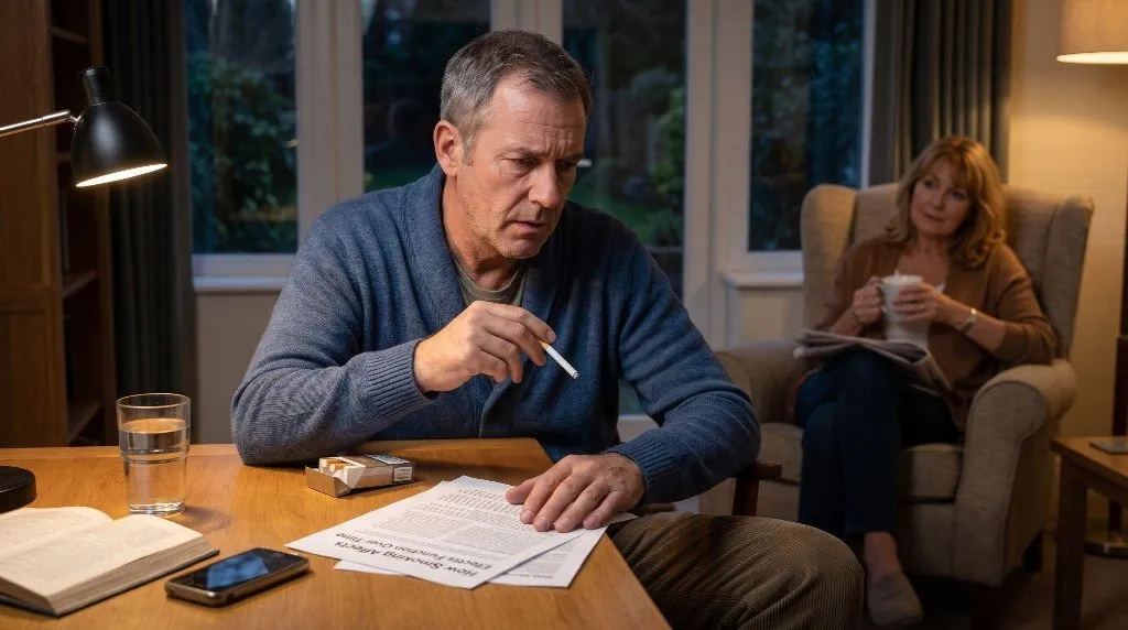 Concerned man sitting at a desk with a lit cigarette reading medical information on smoking and erectile dysfunction while a woman watches from the background.
