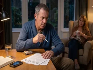 A middle-aged man sitting at a desk holding a cigarette while looking concernedly at a document titled "How Smoking Affects Erectile Function Over Time," with a woman sitting in the background.