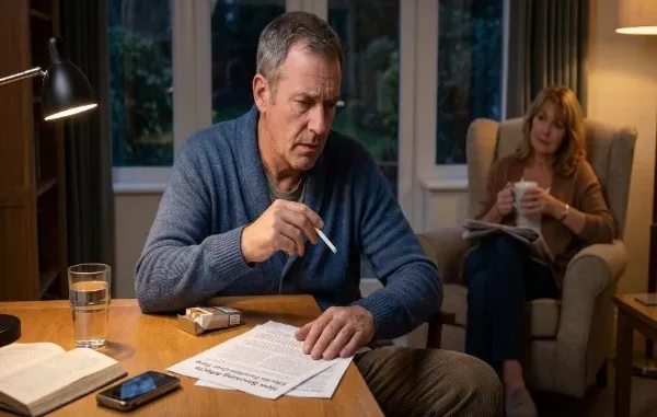 A middle-aged man sitting at a desk holding a cigarette while looking concernedly at a document titled "How Smoking Affects Erectile Function Over Time," with a woman sitting in the background.
