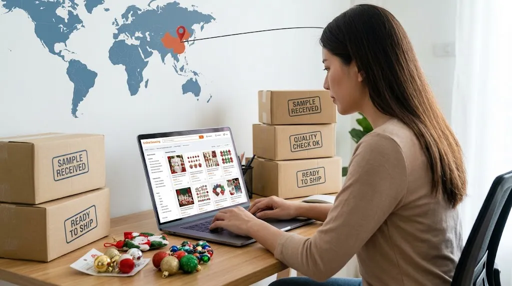 A realistic photograph of a woman, a small business owner, sitting at her desk in a comfortable home office or boutique backroom. She is smiling while looking at her laptop, which displays an online marketplace interface with search results for seasonal products such as Christmas decorations from various Chinese factories.