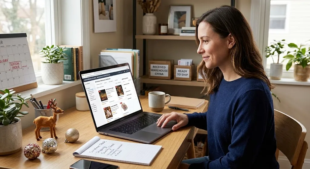 A small business owner sitting at her desk using a laptop to browse an online Chinese wholesale marketplace for seasonal holiday products.