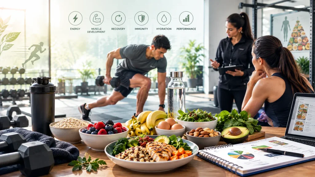 Nutritious whole foods and meal plans on a gym table, with a trainer coaching an athlete and a man doing dumbbell lunges in the background.