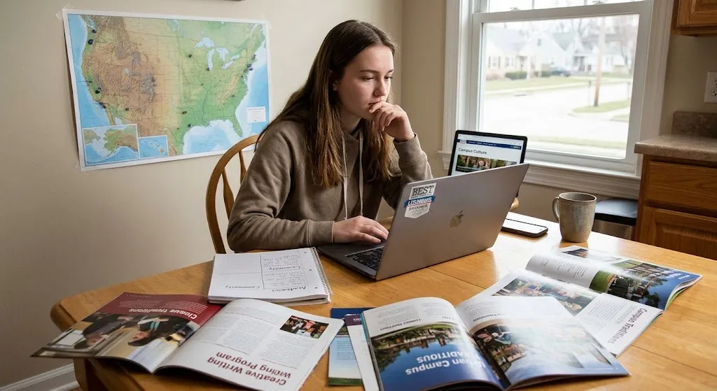 A high school student sits at a wooden desk with a laptop, open college brochures, notebooks, and a wall map of the United States, thoughtfully researching potential universities.