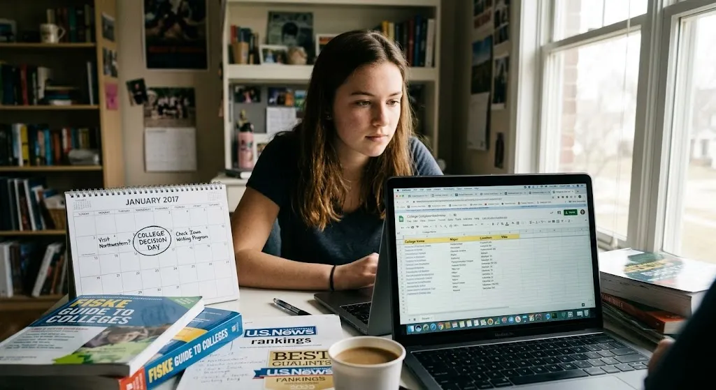 A high school student sitting at a desk studying a laptop spreadsheet, surrounded by college guidebooks and a planning calendar to research prospective universities.
