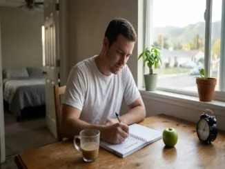A man sitting at a wooden kitchen table writing in a daily planner next to a green apple, alarm clock, and a cup of coffee.