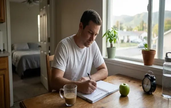 A man sitting at a wooden kitchen table writing in a daily planner next to a green apple, alarm clock, and a cup of coffee.