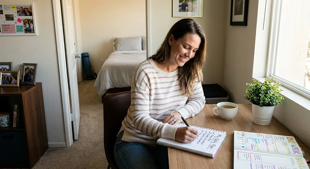 A woman sitting at a sunlit wooden desk in a tidy home room, smiling while writing a daily routine schedule in a planner next to a cup of tea, a small plant, and framed photos.