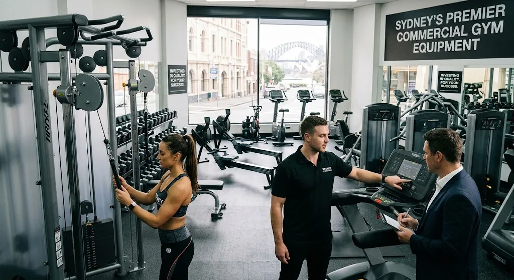 A modern commercial gym floor in Sydney featuring high-end fitness equipment, a member exercising, and a gym owner consulting with an expert near a treadmill.