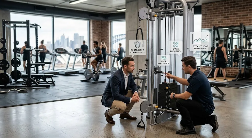 A gym owner and consultant inspect the mechanical pulley components of commercial gym equipment inside a modern Sydney fitness center overlooking the city skyline, featuring visual icons for durability, space efficiency, and cost of ownership.