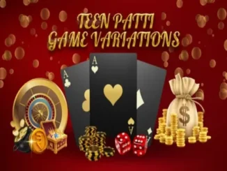 Graphic promoting Teen Patti game variations featuring playing cards, poker chips, dice, and a money bag on a red background.