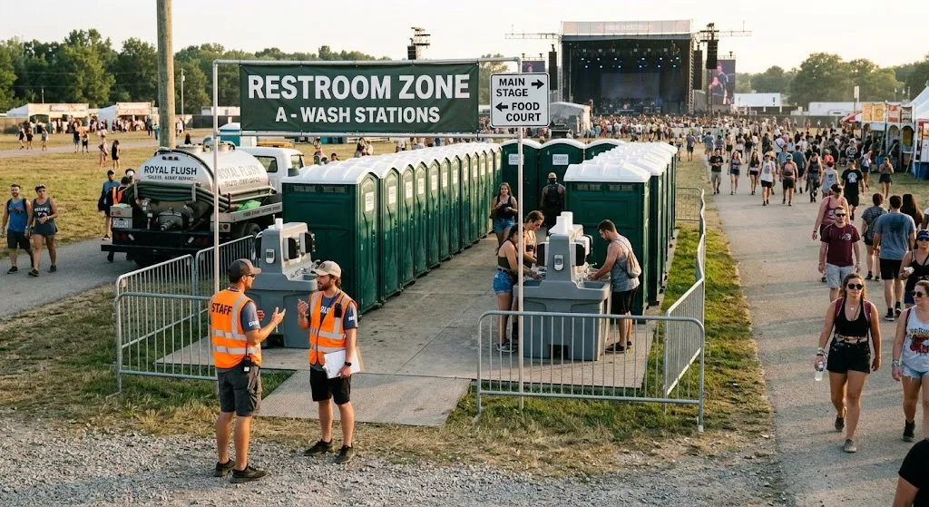 A organized temporary restroom zone at a multi-day outdoor festival featuring rows of portable toilets, handwashing stations, clear directional signage, and event staff in high-visibility vests coordinating logistics near a service truck.