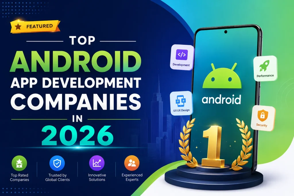 Top Android App Development Companies in 2026 graphic showcasing key services like UI/UX design, development, performance, and security.