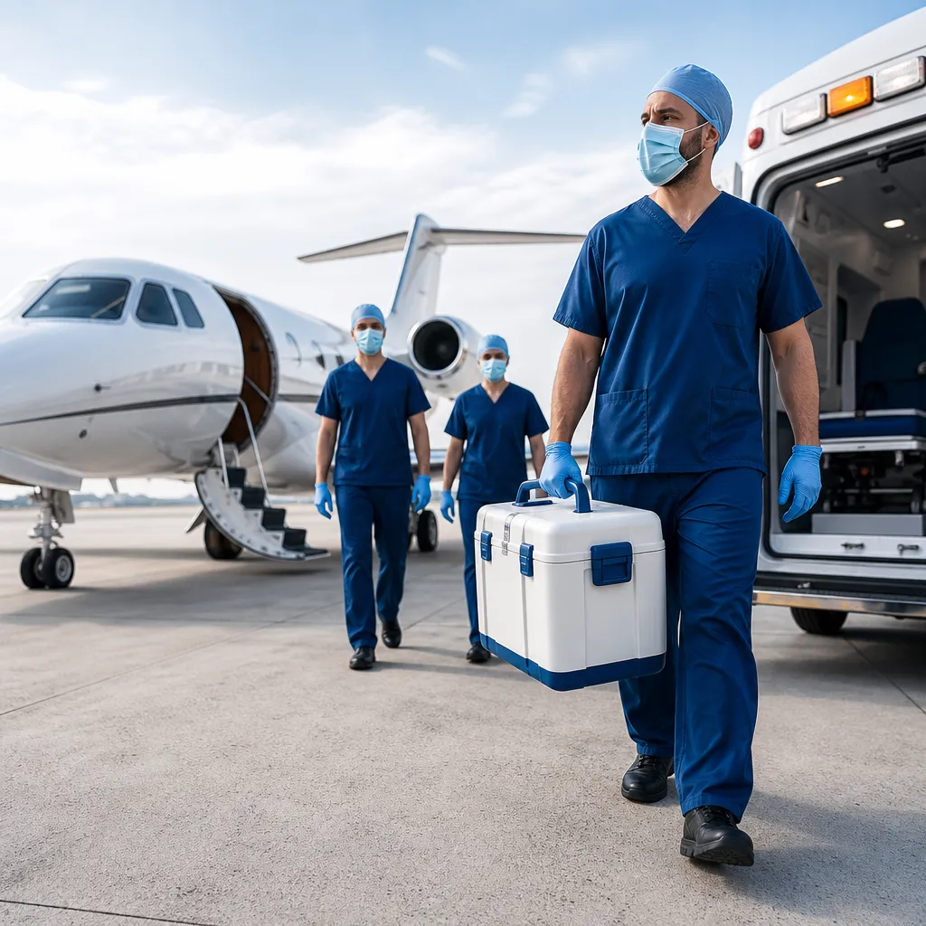 A focused medical team wearing blue scrubs, masks, and gloves quickly moves an organ transport cooler from an open ambulance towards a waiting private medical jet on an active airport runway.