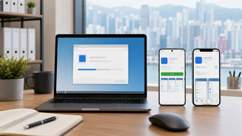 Laptop and smartphones displaying software installation screens on a desk, representing official application downloads.
