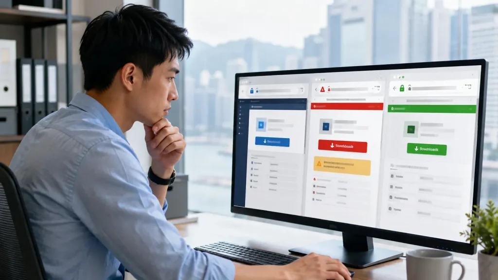A man looking closely at a computer monitor displaying three browser windows comparing safe, suspicious, and fake software download pages.