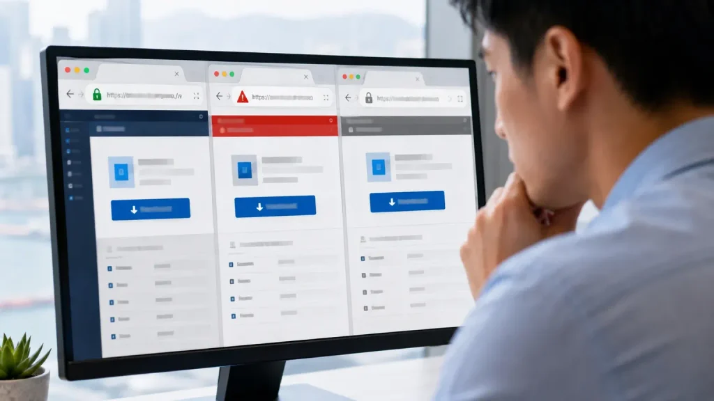 A person looking at a computer monitor comparing three software download browser tabs, with the middle tab displaying a red warning symbol in the URL bar to flag a fake website.