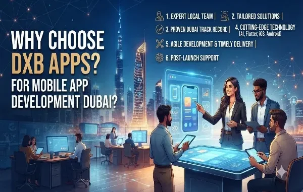 Promotional graphic for DXB APPS featuring developers collaborating on mobile app designs against a futuristic Dubai skyline background with key service benefits listed.