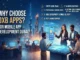 Promotional graphic for DXB APPS featuring developers collaborating on mobile app designs against a futuristic Dubai skyline background with key service benefits listed.